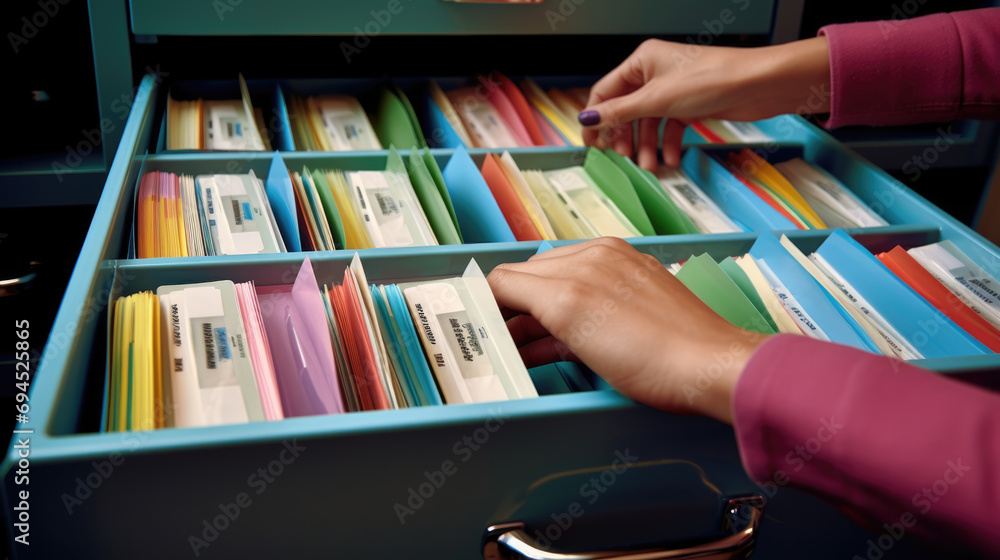 Poster close-up of a person in a business suit searching through open file drawers full of documents.