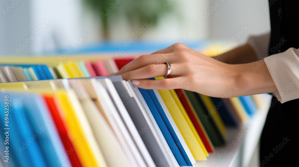 Wall mural close-up of a person in a business suit searching through open file drawers full of documents.