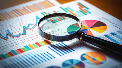 Printed business documents with colorful charts and graphs being analyzed through a magnifying glass - obrazy, fototapety, plakaty
