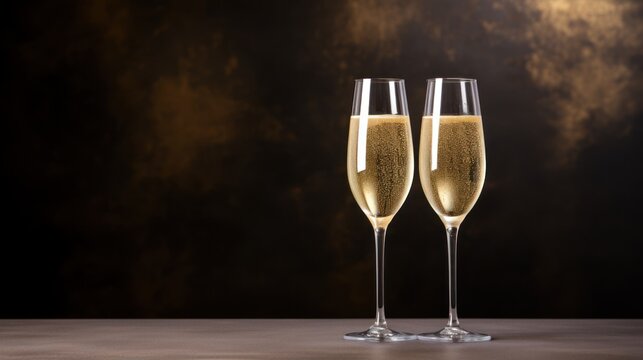  two glasses of champagne sitting next to each other on a table with a dark wall in the backround.