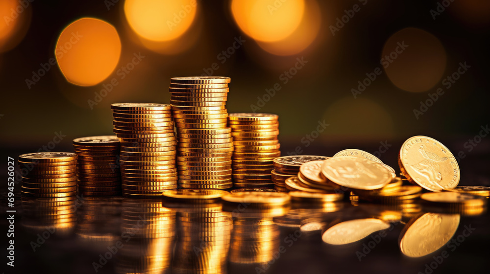 Poster multiple stacks of shiny gold coins on a surface with a warm, glowing bokeh light effect in the back