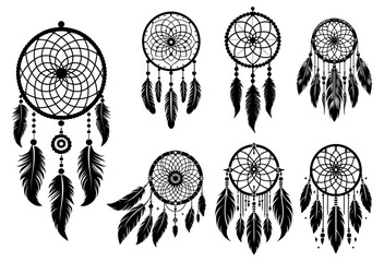 Dreamcatchers set with feathers and beads for ethnic, poster, greeting card,  tribal indian symbol, vector illustration. - obrazy, fototapety, plakaty