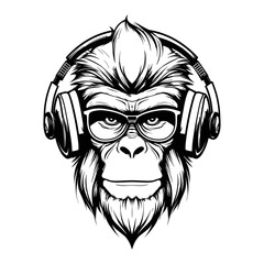 Monkey with headphone and wearing sunglasses, vector illustration.