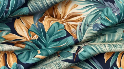  a close up of a blue and yellow wallpaper with a bunch of green and yellow tropical leaves on it.