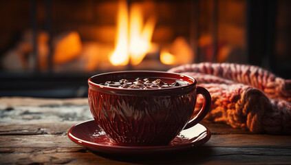 Christmas mood drinks tea warmth mood sensations buzz New Year atmosphere vibe. A mug of magic warmth marshmallows cocoa coffee - obrazy, fototapety, plakaty