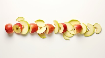  a row of sliced apples sitting on top of each other on top of a white table next to each other.