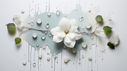 White Flower with a leaf in the middle dripping paint splash on a bright background.