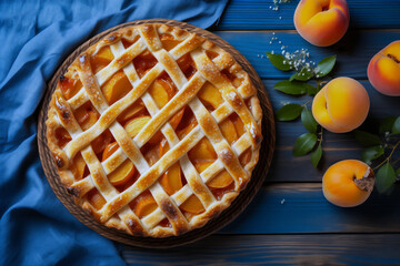 Homemade fresh baked apple pie on blue wood background
