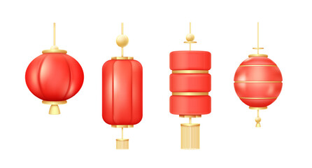 3d chinese lanterns. Asian lantern traditional festival celebration in china japan or vietnam, new year realistic element, red gold round hanging lamps, decent vector illustration © ssstocker