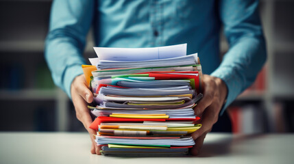 Close-up of a man holding a large stack of documents - obrazy, fototapety, plakaty