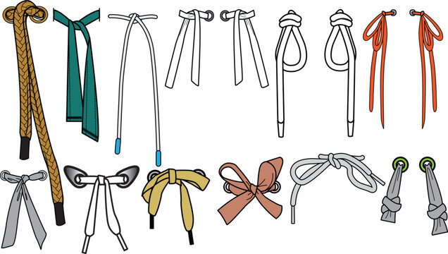 Drawstring cord flat sketch vector illustrator. Set of bow knot Draw string with aglets for Waist band, bags, shoes, jackets, Shorts, Pants, dress garments, Drawcord for Clothing to pulled or tighten