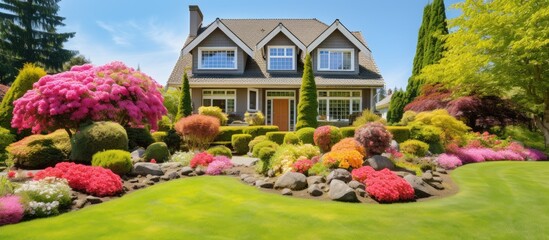 Luxurious suburban house with a beautifully landscaped front yard and colorful flower garden on a sunny day. - obrazy, fototapety, plakaty