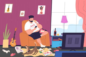 Lazy fat man. Obese person eat stress on chair watching tv messy junk room, wrong unhealthy sedentary lifestyle, funny overweight guy with belly, cartoon classy vector illustration