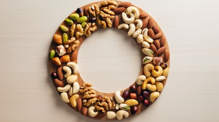 Obraz premium a letter made out of nuts and nutshells on top of a wooden board with the letter o in the middle.