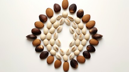  a group of nuts arranged in the shape of a circle on top of a white surface with one nut in the middle and the other nut in the middle.