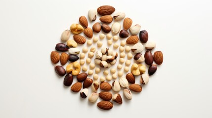  assorted nuts arranged in the shape of a circle on a white background with copy - space in the middle.