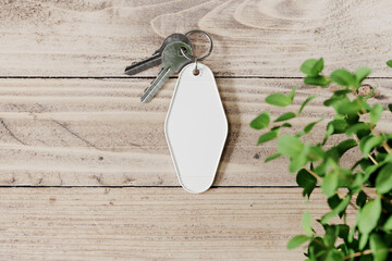 Vintage hotel keychain mockup. 3D rendering