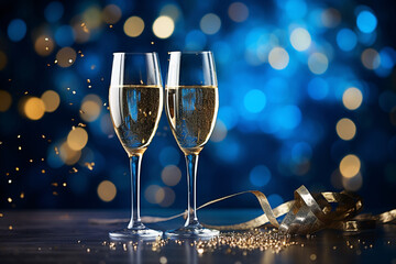 Champagne Toast Celebration New Years Elegance with Golden Glitter and Blue Bokeh