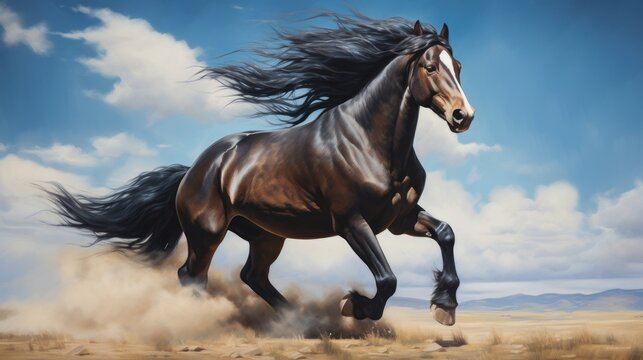  a painting of a horse galloping through a field with a blue sky in the background and clouds in the foreground.