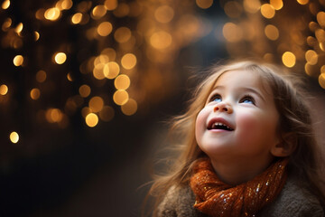 A child rejoices at the Christmas garlands. The girl looks up at the fairy-tale sky. Concept: children and festive mood.