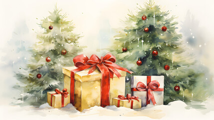 Fototapeta na wymiar Christmas Gifts and Trees Watercolor Scene