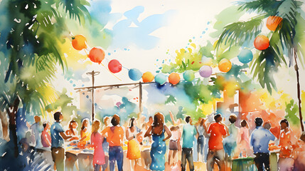 Naklejka premium Colorful Outdoor Festive Gathering Watercolor Artwork