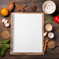 Obraz na płótnie Canvas Empty ring binder; cookbook and cooking menu. Top view with copy space. Paper notebook with garlic, herbs, egg. Composition with notepad mockup, vegetables and ingredients; wood background and spices