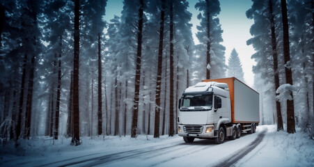 truck with a trailer is driving along a snowy winter road in icy conditions, working as a truck...