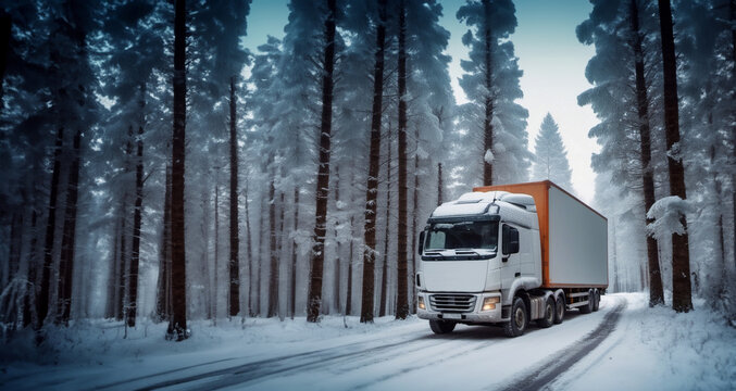 truck with a trailer is driving along a snowy winter road in icy conditions, working as a truck driver