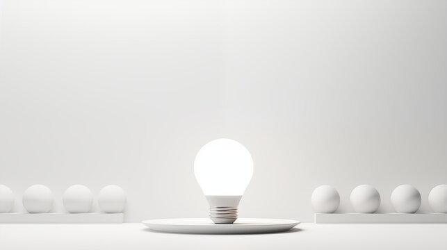 minimalist interior design with ecological low energy light bulb lit; isolated on white blank background with empty copy space for environmentalist advertisement. Lamp in a clean, neat room