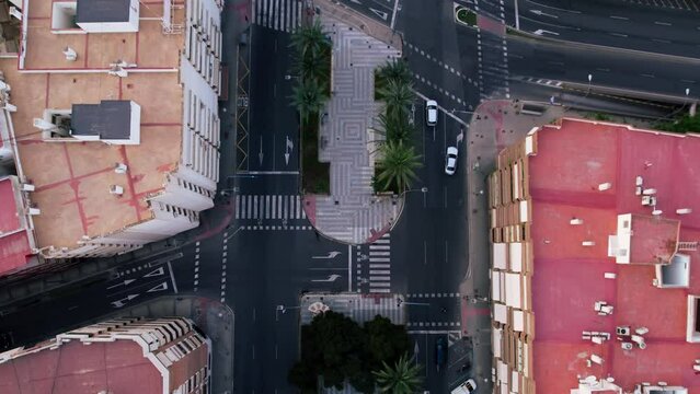 Top down aerial view of Alicante, Spain, city promenade and pedestrian alley in middle of avenue. City pedestrian friendly transportation and logistical planning. Traffic move freely
