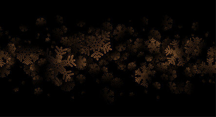 Black winter background with detailed transparent golden snowflakes.