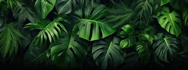 Fototapeta na wymiar Green leaves background. Green tropical monstera leaves, palm leaves, coconut leaf, fern, palm leaf, banana leaf. Panoramic background. nature concept