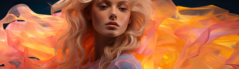 A Girl Surrounded By Neon Soft Fabric. Illustration On The Theme Of Fashion And Advertising, Man And Space, Photography.  Generative AI