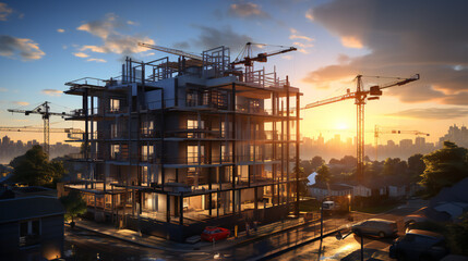 Fototapeta na wymiar Construction Of A Apartment Building At Sunset