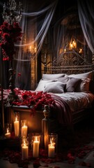 Romantic bedroom with red roses, candles and bed. Romantic evening. AI generated