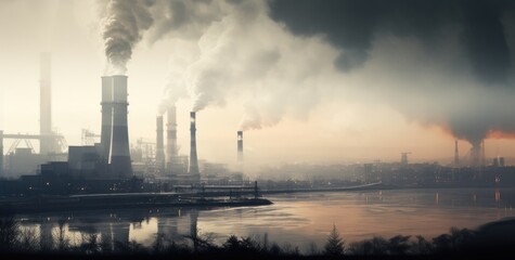 Industrial landscape with smoking chimneys. Global warming and climate change concept. AI generated