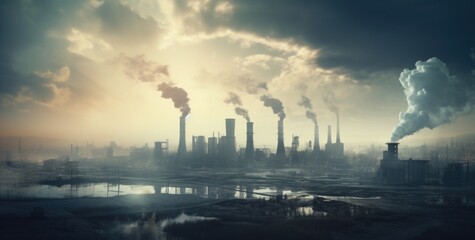 Industrial landscape with smoking chimneys of oil and gas plant. AI generated