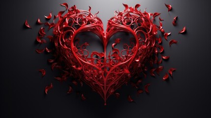  a red heart shaped object with a lot of red petals on a black background with a shadow of petals on the left side of the heart.