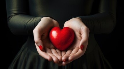  a woman in a black dress holding a red heart in her hands, with her hands in the shape of a heart.