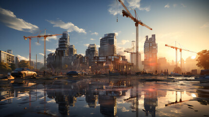 A Construction Of A New District With Skyscrapers  - obrazy, fototapety, plakaty