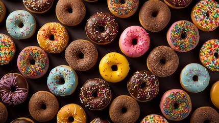 Donuts pattern. Different types of donuts on dark background. Chocolate, glaze and caramel donuts - obrazy, fototapety, plakaty