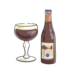 Bottle of belgian dark beer and beer glass. Picture in line style. Black contour with colored spots. Isolated on white background. Vector flat illustration.