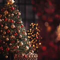 Fototapeta na wymiar Christmas tree with red and gold baubles on bokeh background, AI generated