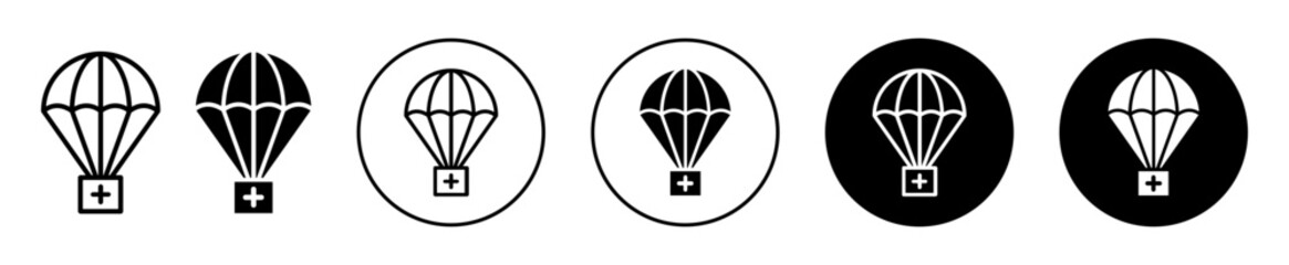 Parachute with first aid kit icon. air medicine drug delivery cargo shipment from hospital medical store to patient symbol logo. parachute with first aid kit box to drop goods in disaster rescue  - obrazy, fototapety, plakaty