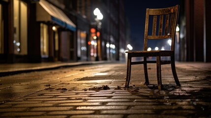 Fototapeta na wymiar Old wooden chair in the city at night. Selective focus. AI generated