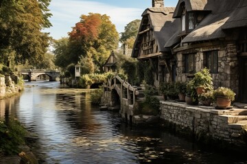 Fototapeta na wymiar Quaint Stone Cottages by a Calm River