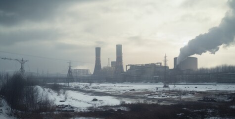 Power plant in winter with smoke coming out of the chimneys. AI generated
