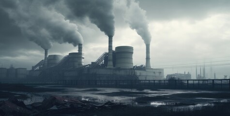 Power plant with smoking chimneys in the fog, AI generated