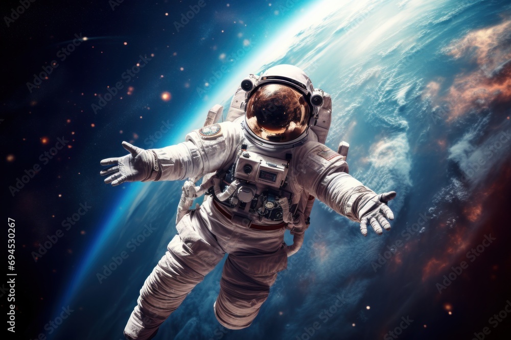 Wall mural vibrant astronaut in space, surrounded by cosmic wonders, offering ample copy space for text